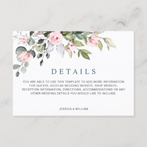 Elegant Eucalyptus Blush Roses Wedding Details Enclosure Card