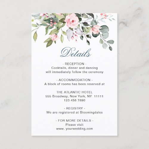 Elegant Eucalyptus Blush Roses Wedding Details Enclosure Card