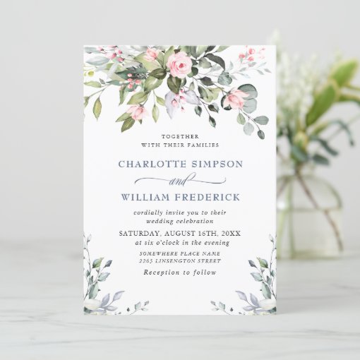 Elegant Eucalyptus Blush Roses Wedding Invitation | Zazzle