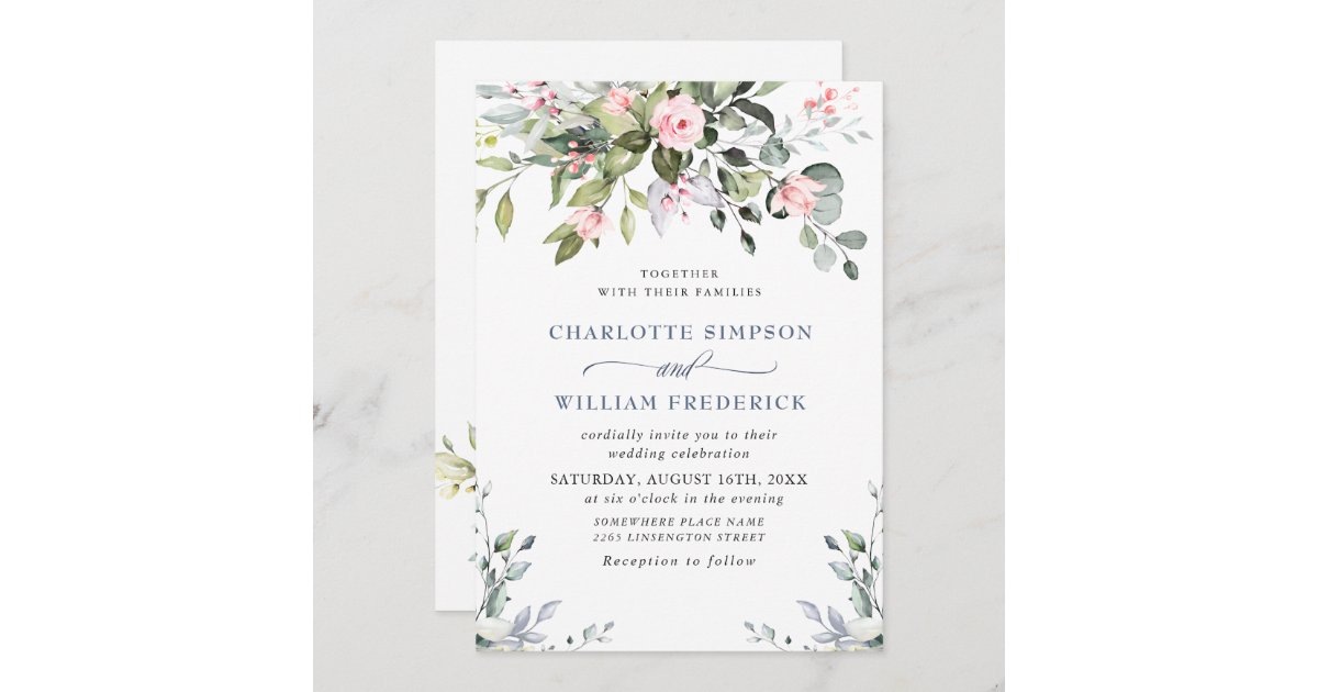 Elegant Eucalyptus Blush Roses Wedding Invitation | Zazzle