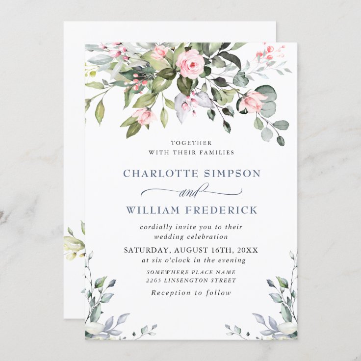 Elegant Eucalyptus Blush Roses Wedding Invitation | Zazzle