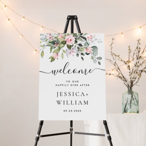 Elegant Eucalyptus Blush Roses Wedding Welcome Foam Board