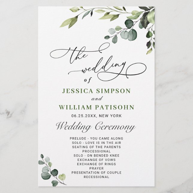 Elegant Eucalyptus Boho Wedding Ceremony Program (Front)