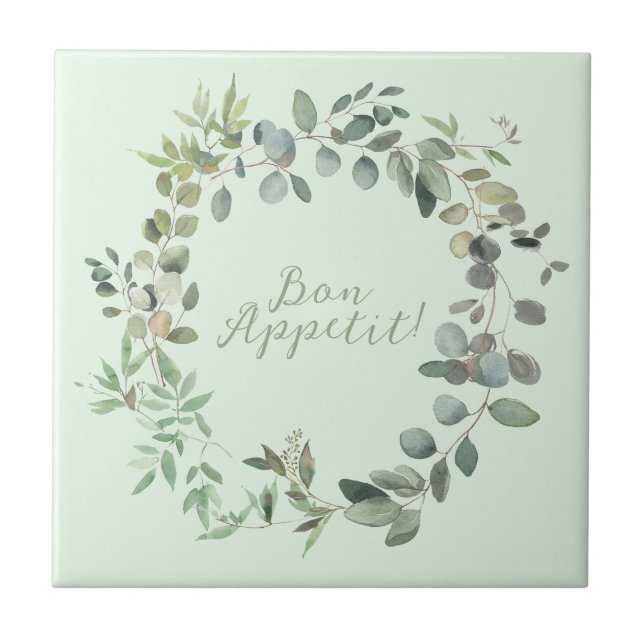 Elegant Eucalyptus Botanical Bon Appetit Greenery Ceramic Tile (Front)