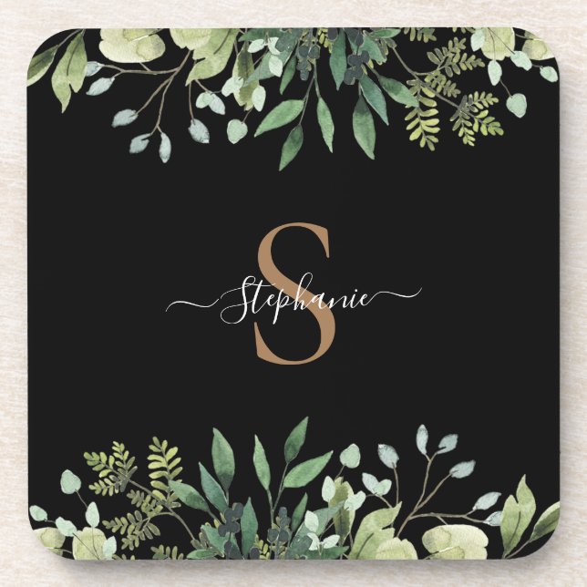 Elegant Eucalyptus Botanical Gold Monogram Script Beverage Coaster (Front)