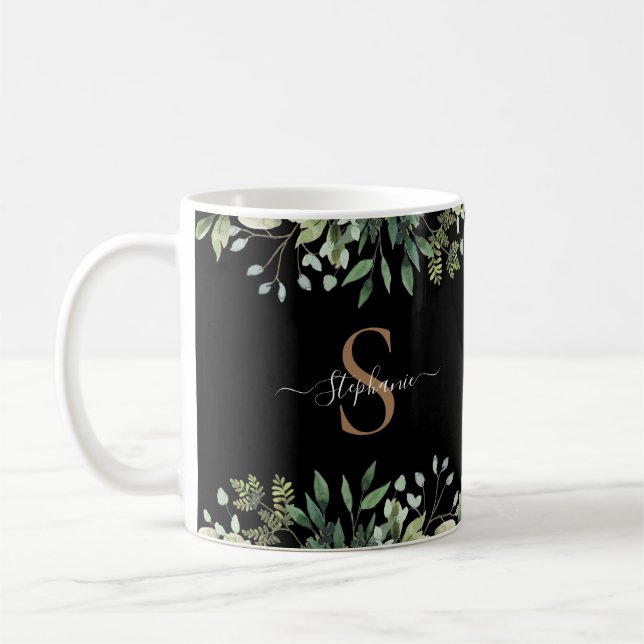 Elegant Eucalyptus Botanical Gold Monogram Script Coffee Mug (Left)
