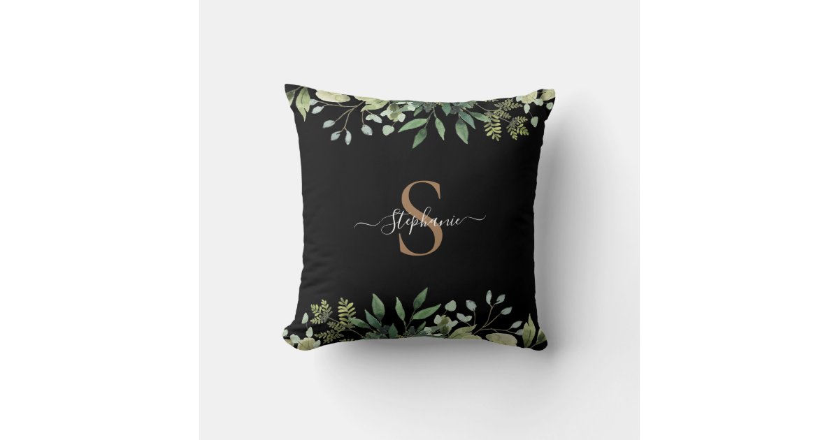 Elegant Eucalyptus Botanical Gold Monogram Script Throw Pillow | Zazzle