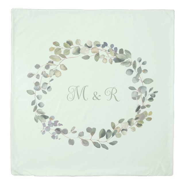 Elegant Eucalyptus Botanical Greenery Monogram Duvet Cover (Front)