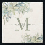 Elegant Eucalyptus Botanical Greenery Monogram Stone Coaster<br><div class="desc">Elegant Eucalyptus Botanical Floral Monogram Marble Coasters featuring our lovely sage eucalyptus green and dusty blue greenery and modern typography. Easy to customize with your information for a simply coaster. Please contact us at cedarandstring@gmail.com if you need assistance with the design or matching products.</div>