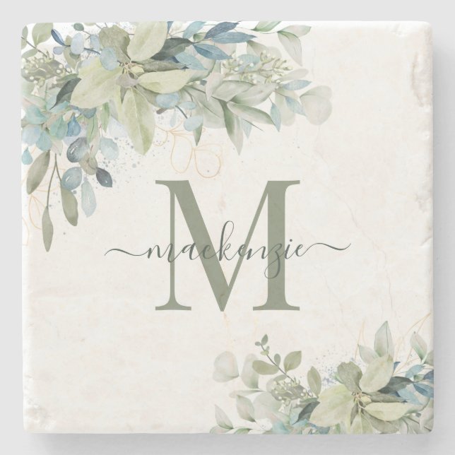 Elegant Eucalyptus Botanical Greenery Monogram Stone Coaster (Front)