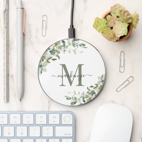 Elegant Eucalyptus Botanical Monogram Wireless Charger