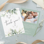 Elegant eucalyptus botanical photo wedding thank you card<br><div class="desc">Send these romantic and elegant floral Thank you cards to thank your guest for being part of your special day. The front of the card presents a chic botanical design that features a classy bouquet of light and airy watercolor greenery and eucalyptus leaves complemented with glittery golden speckles (printed). The...</div>