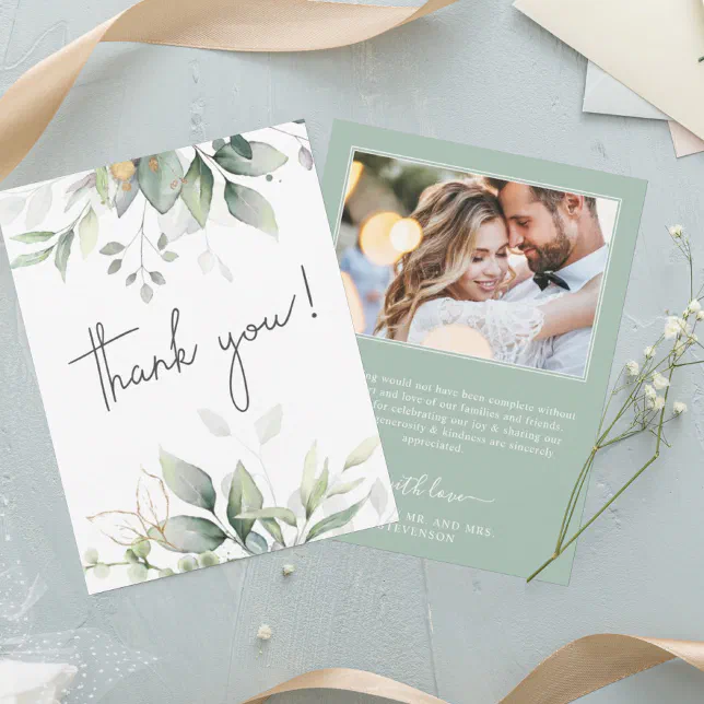 Elegant eucalyptus botanical photo wedding thank you card | Zazzle