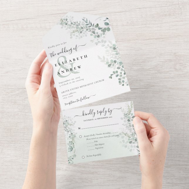 Elegant Eucalyptus Botanical Sage QR Code Wedding All In One Invitation (Tearaway)