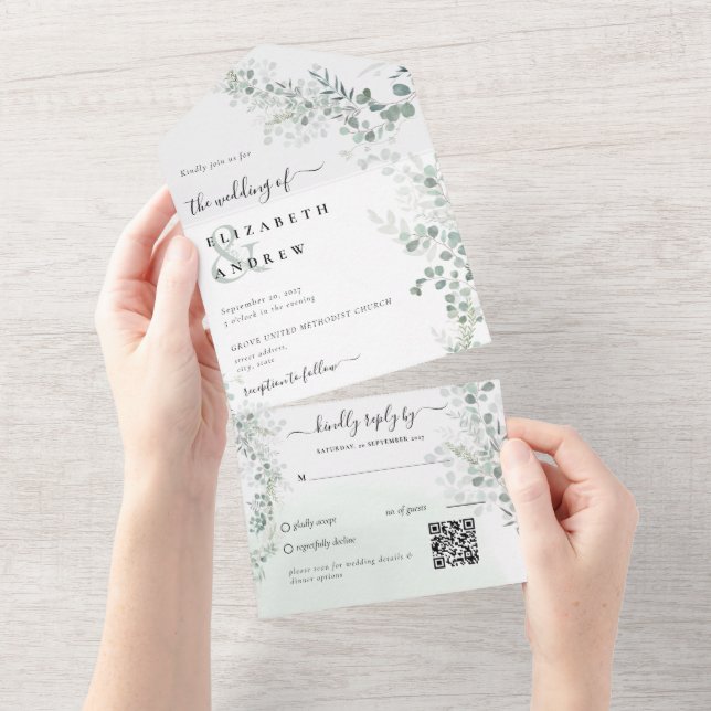 Elegant Eucalyptus Botanical Sage QR Code Wedding All In One Invitation (Tearaway)