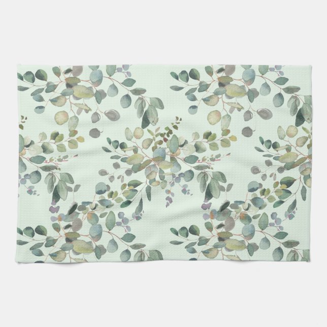 Elegant Eucalyptus Botanical Watercolor Greenery Kitchen Towel (Horizontal)