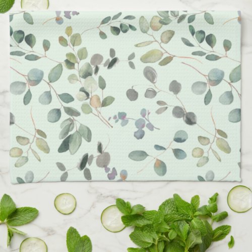 Elegant Eucalyptus Botanical Watercolor Greenery Kitchen Towel