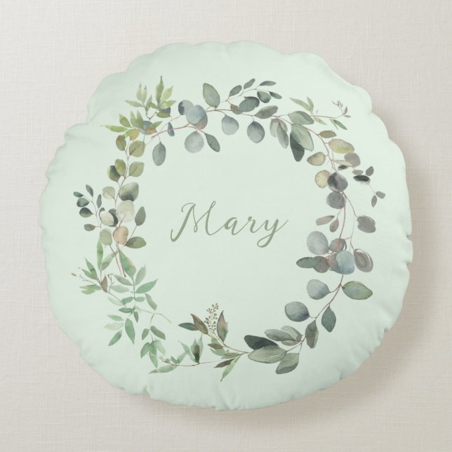 Elegant Eucalyptus Botanical Watercolor Greenery Round Pillow (Front)