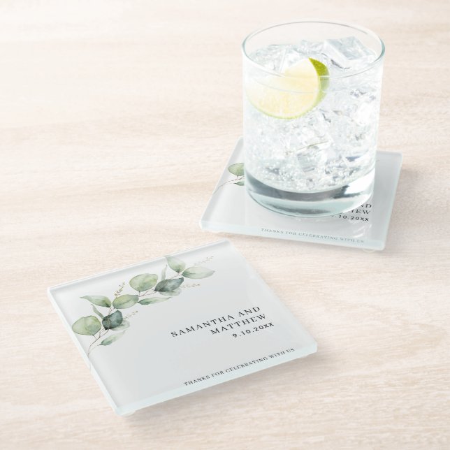 Elegant Eucalyptus Botanical Wedding Glass Coaster (Angled)