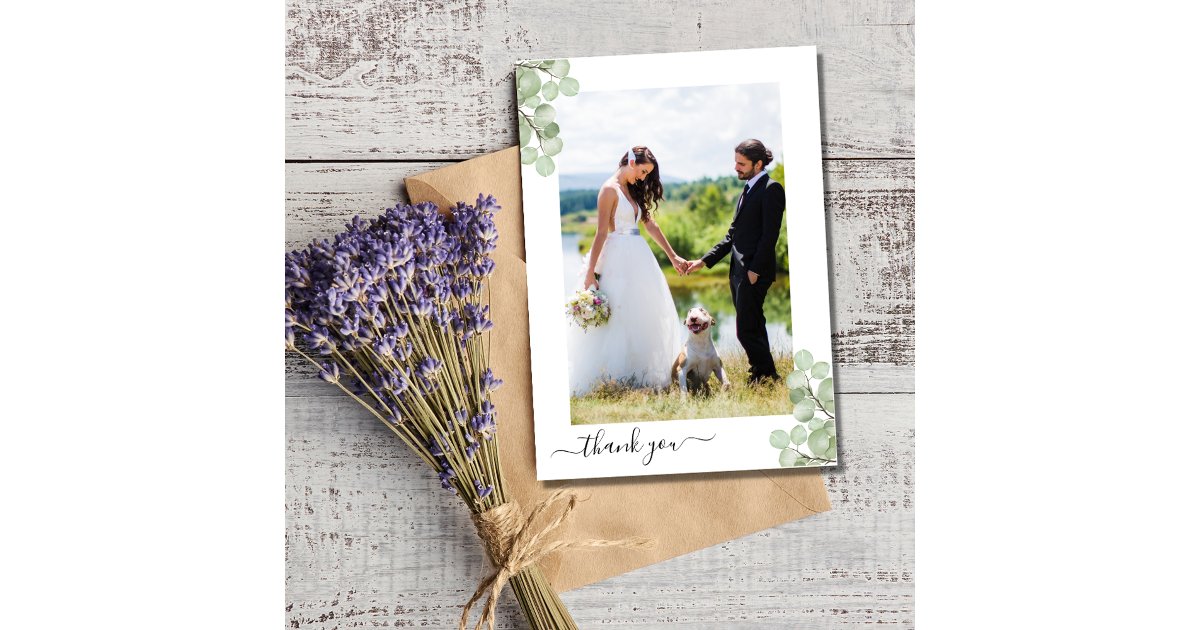 Elegant Eucalyptus Botanical Wedding Photo Thank You Card | Zazzle