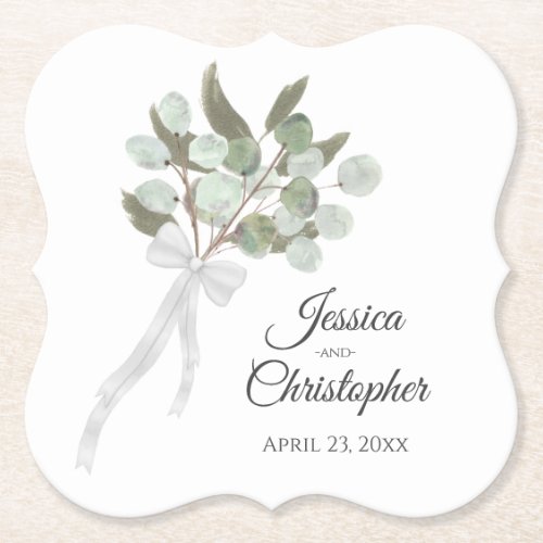 Elegant Eucalyptus Bouquet Boho Watercolor Wedding Paper Coaster