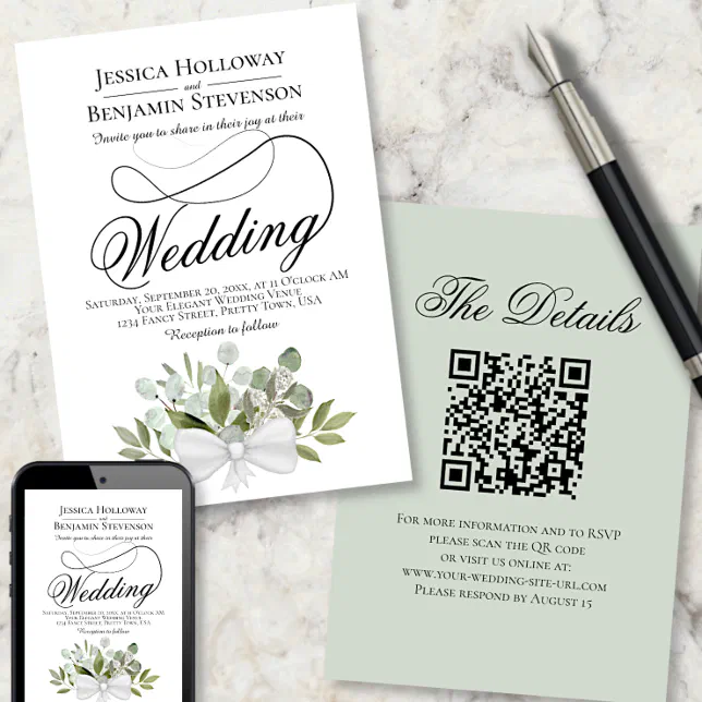 Elegant Eucalyptus Bouquet Qr Code Wedding Invitation Zazzle