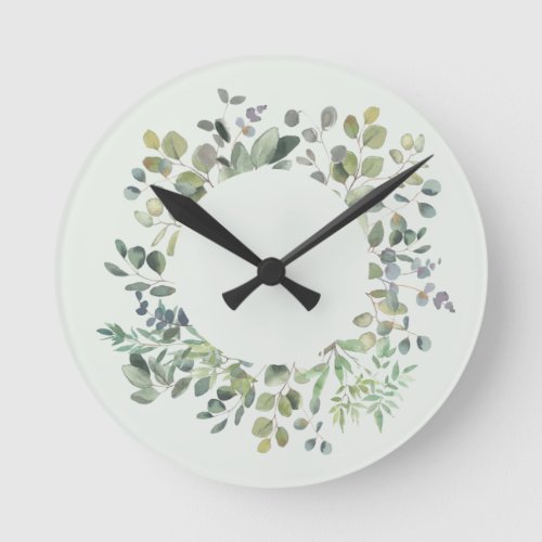 Elegant Eucalyptus Branch Botanical Dusty Green Round Clock