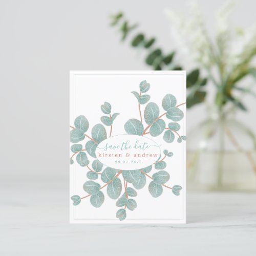 Elegant Eucalyptus Branch Wedding Save the Date Postcard