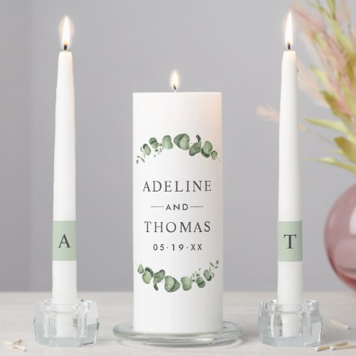 Elegant Eucalyptus Branches Wedding Monogram Unity Candle Set