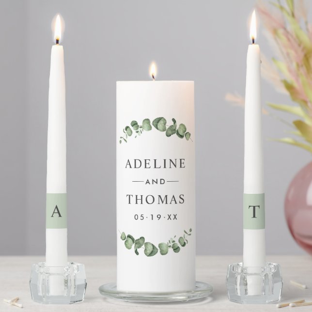 Elegant Eucalyptus Branches Wedding Monogram Unity Candle Set (In Situ)