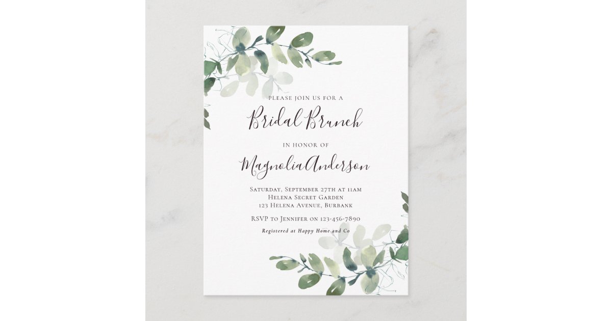 Elegant Eucalyptus Bridal Brunch Invitation Postca Postcard | Zazzle