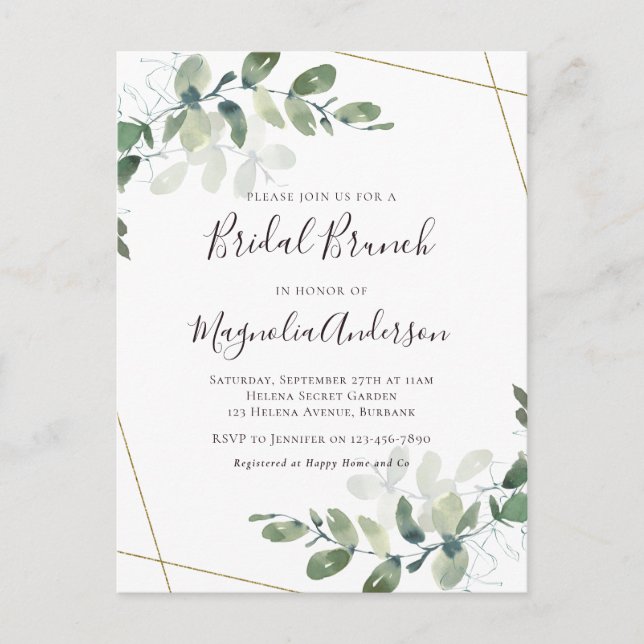 Elegant Eucalyptus Bridal Brunch Invitation Postca Postcard (Front)