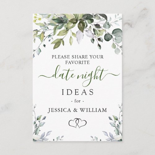 Elegant Eucalyptus Bridal Shower Date Night Idea Advice Card