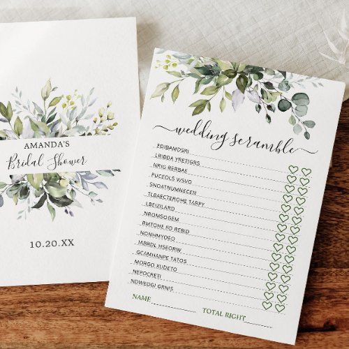 Elegant Eucalyptus Bridal Shower Game Card