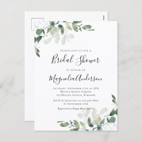 Elegant Eucalyptus Bridal Shower Invitation Postcard