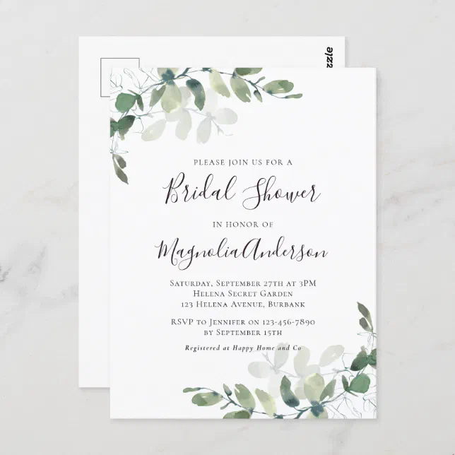 Elegant Eucalyptus Bridal Shower Invitation Postcard Zazzle 2230