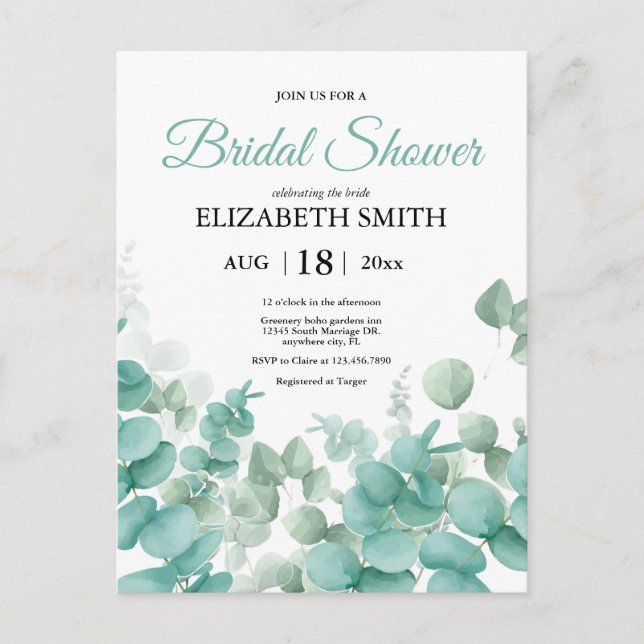 Elegant Eucalyptus Bridal Shower Invitation Postcard (Front)
