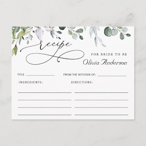 Elegant Eucalyptus Bridal Shower Recipe Card
