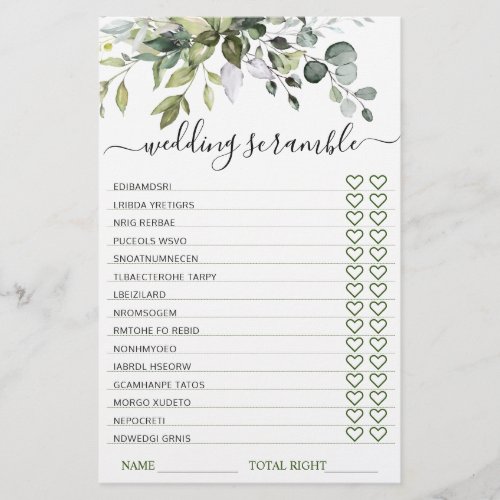 Elegant Eucalyptus Bridal Shower Scramble Game