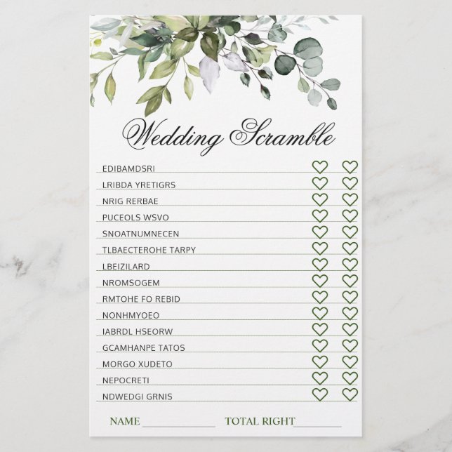 Elegant Eucalyptus Bridal Shower Scramble Game (Front)