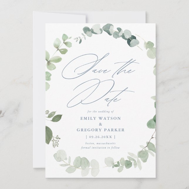Elegant Eucalyptus Calligraphy Dusty Blue Wedding Save The Date (Front)