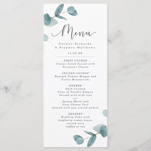 Elegant Eucalyptus  Calligraphy Script Dinner Menu