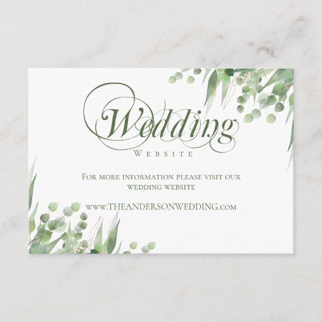 Elegant Eucalyptus Calligraphy Wedding Website Enclosure Card (Front)