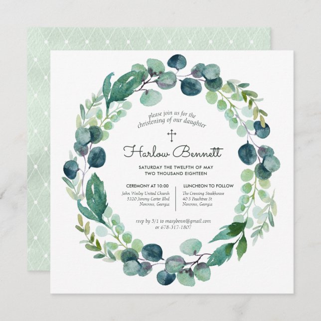 Elegant Eucalyptus Christening Invitation (Front/Back)