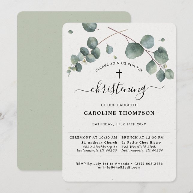 Elegant Eucalyptus Christening Invitation (Front/Back)