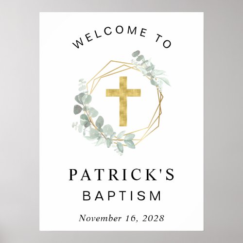 Elegant Eucalyptus Cross Baptism Welcome Poster
