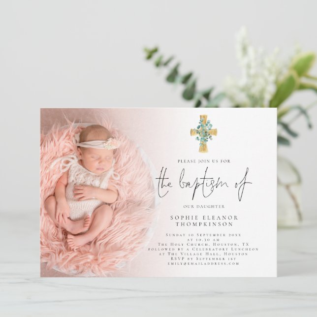 Elegant Eucalyptus Cross Photo Baptism Invitation (Standing Front)