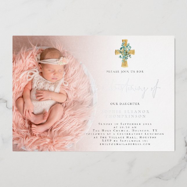 Elegant Eucalyptus Cross Photo Christening Real Foil Invitation (Front)