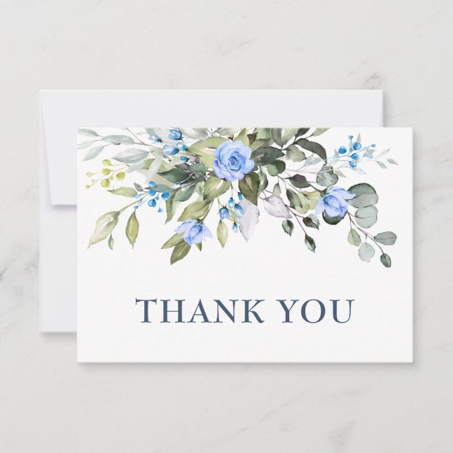 Elegant Eucalyptus Dusty Blue Roses Greenery Boho Thank You Card (Front)