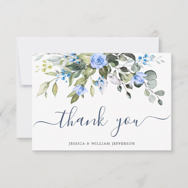Elegant Eucalyptus Dusty Blue Roses Greenery Boho Thank You Card (Front)